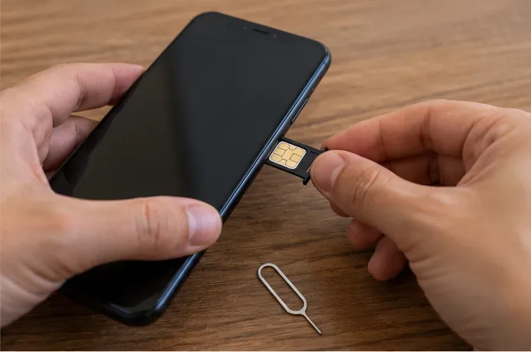 Des mains retirent la carte SIM d’un smartphone posé sur une table