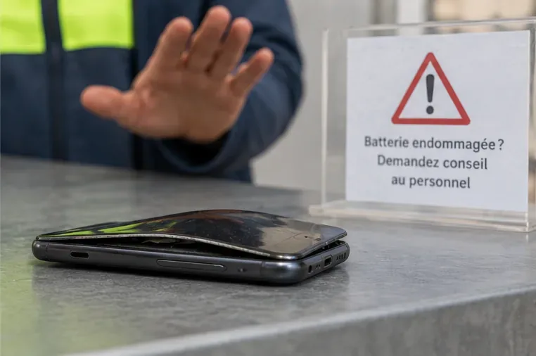 Un smartphone dont la coque est soulevée par une batterie gonflée devant un agent de collecte