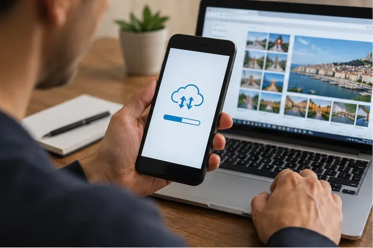 Une personne sauvegarde les photos de son smartphone devant un ordinateur portable