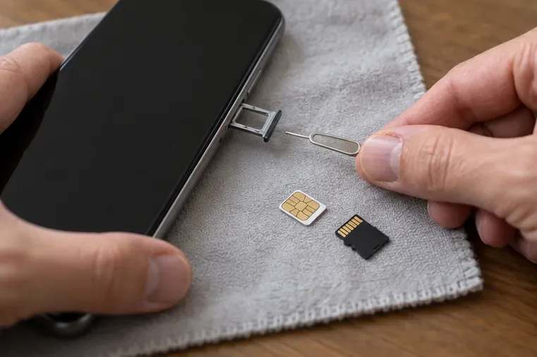 Une personne retire le tiroir SIM d’un téléphone éteint avec un outil d’éjection, à côté d’une carte SIM et d’une carte mémoire