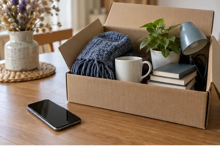 Un smartphone encore utilisable est posé devant une boîte contenant des objets destinés au don