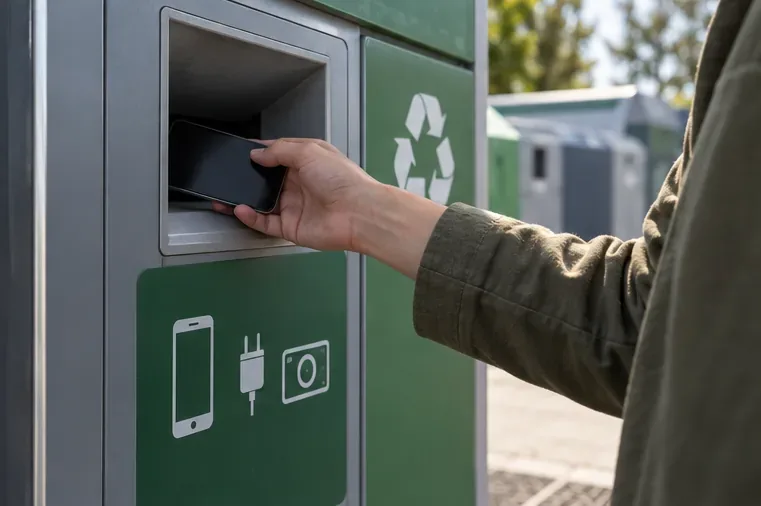 Un habitant dépose un smartphone éteint dans l’ouverture réservée aux petits appareils électroniques d’un meuble de collecte