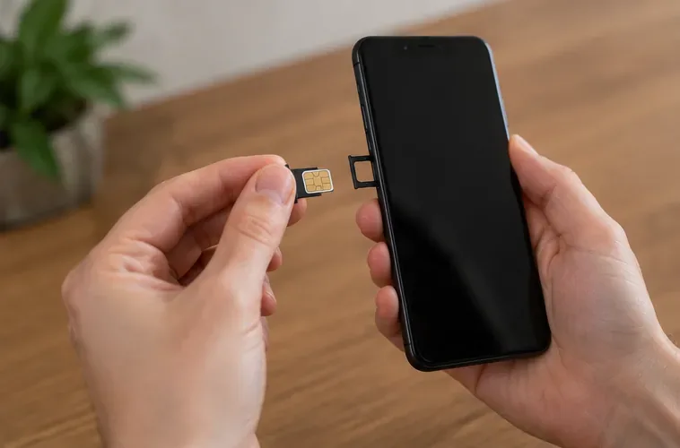 Main retirant la carte SIM d’un smartphone avant son don, sa revente ou son recyclage
