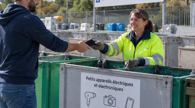 Particulier remettant un smartphone usagé à une agente dans une zone de collecte de petits appareils électriques en déchèterie