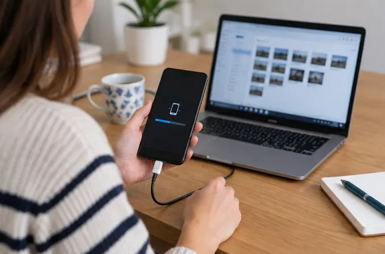Personne sauvegardant les données d’un smartphone connecté à un ordinateur portable avant de s’en séparer