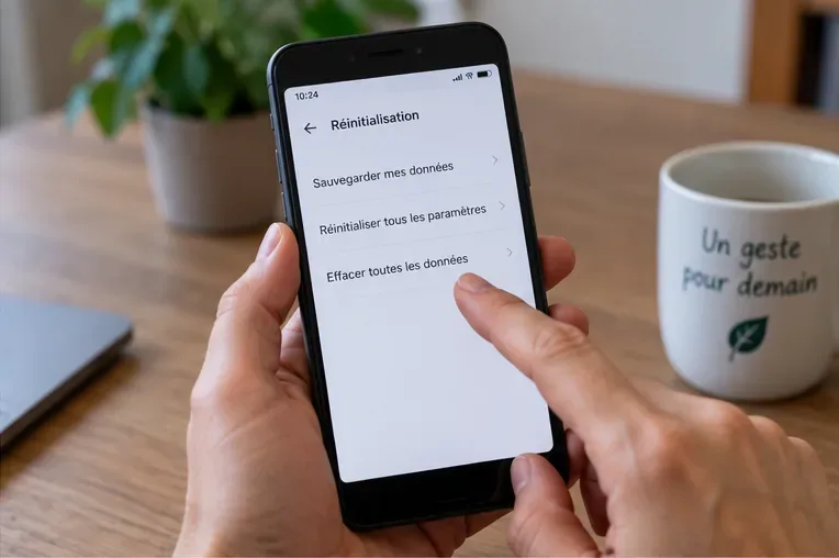 Main sélectionnant l’option d’effacement des données sur l’écran d’un smartphone avant son recyclage