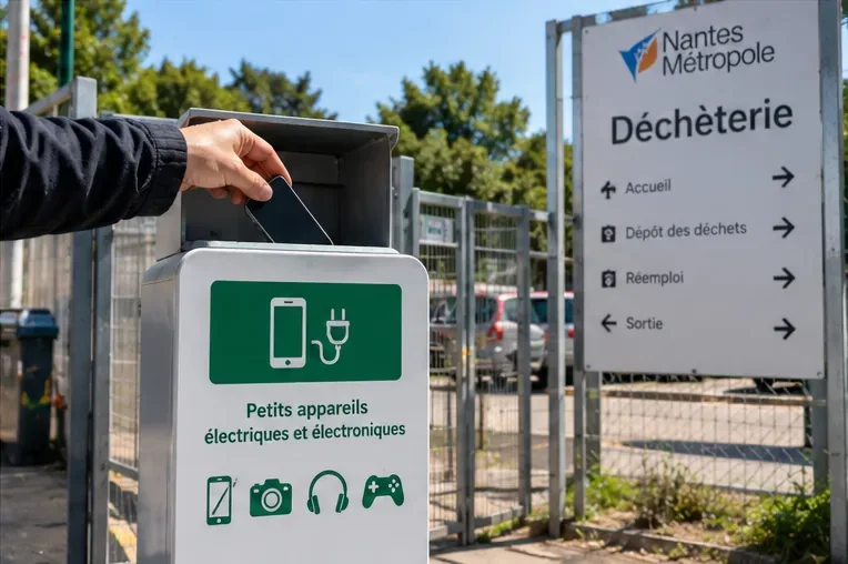Mise en situation d’un smartphone déposé dans un bac dédié aux petits appareils électriques devant une déchèterie