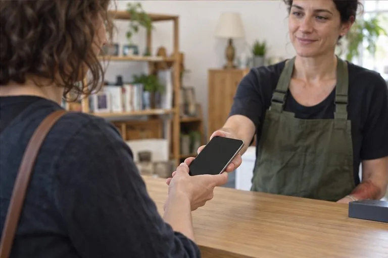 Une personne remet un smartphone fonctionnel à une employée derrière le comptoir d’un espace de réemploi ou de reprise.