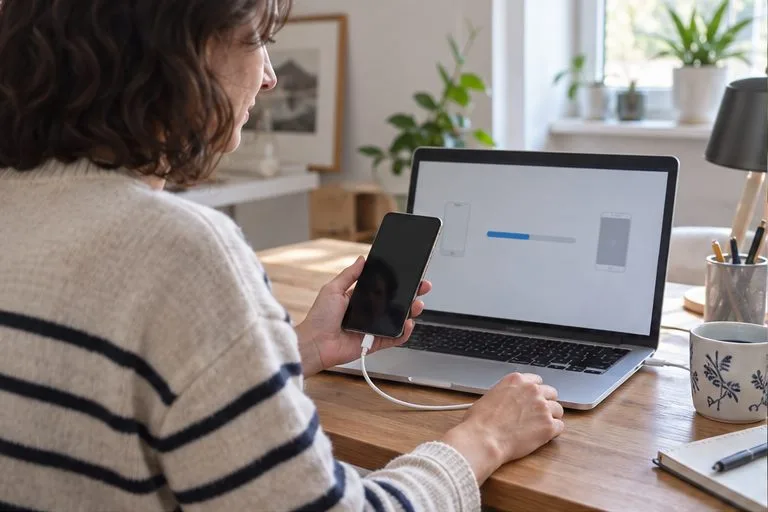 Une personne prépare le transfert de données d’un smartphone posé près d’un ordinateur portable sur un bureau à la maison.