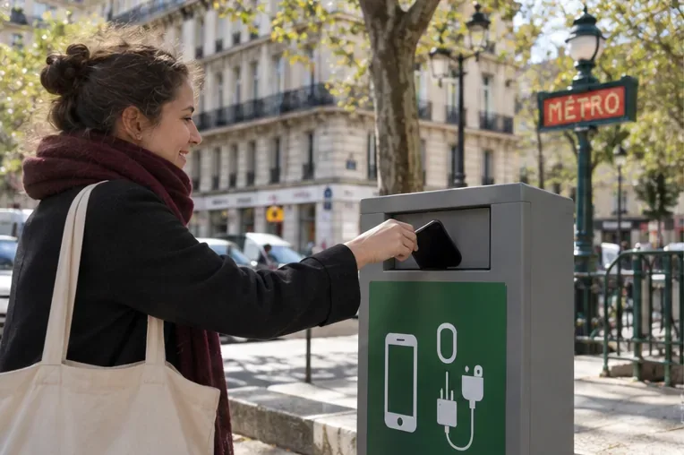 Une habitante dépose un ancien smartphone dans une borne de collecte de petits appareils électroniques dans une rue parisienne.
