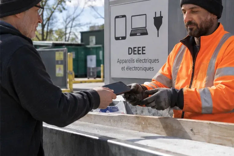 Un usager remet un smartphone à un agent devant un espace identifié pour les déchets d’équipements électriques et électroniques.