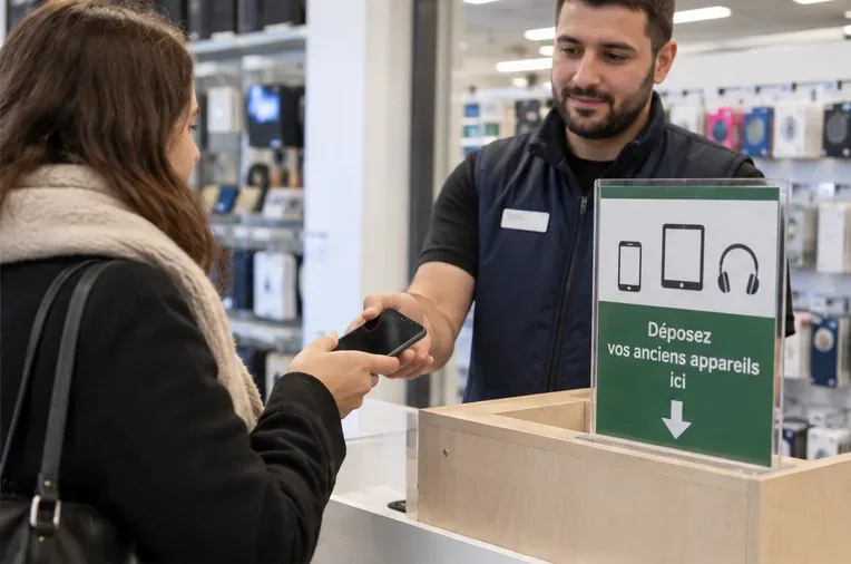 Une cliente remet un ancien smartphone à un employé dans un magasin d’électronique disposant d’un point de reprise des appareils.