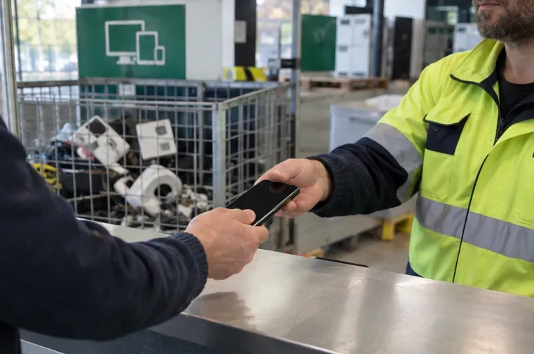 Une personne remet un petit smartphone à un agent devant une zone de collecte de petits appareils électriques