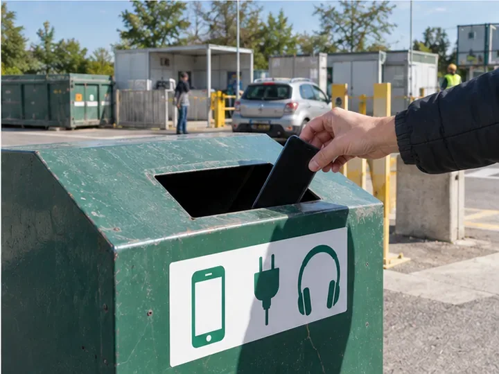 Une main dépose un smartphone dans un conteneur destiné aux petits appareils électroniques dans une déchèterie.