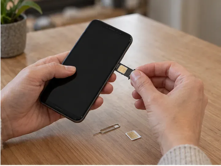 Deux mains retirent la carte SIM d’un smartphone posé au-dessus d’une table en bois.