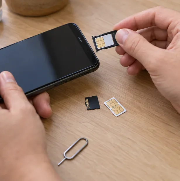 Une main retire la carte SIM d’un téléphone éteint, une carte mémoire est posée à côté