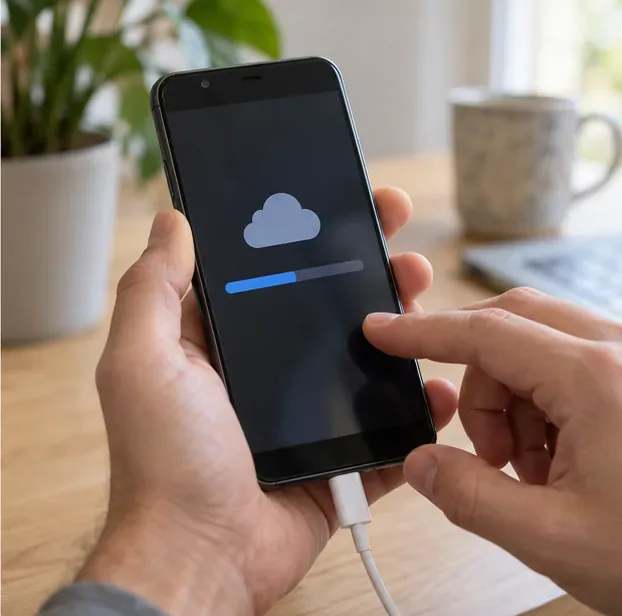 Un smartphone affiche un indicateur de sauvegarde sur une table