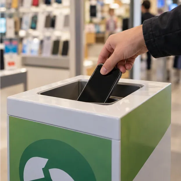 Une personne dépose un smartphone dans un bac de collecte pour petits appareils électriques en magasin