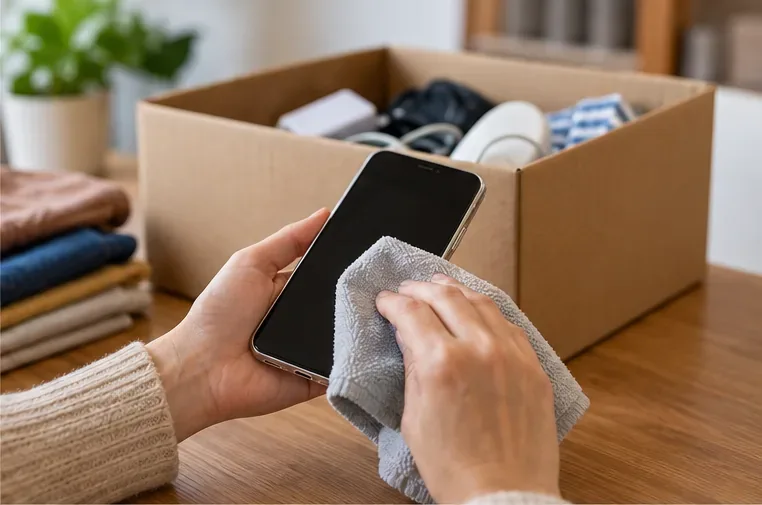 Une personne nettoie un smartphone encore utilisable avant de le préparer pour un don ou une seconde vie.