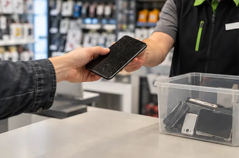 Un client remet un smartphone cassé à un comptoir de collecte d'un magasin d'électronique.