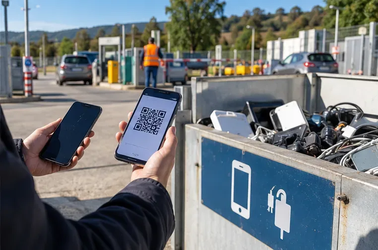 Une personne présente un QR code à l'entrée d'une déchèterie équipée d'une zone pour les appareils électriques et électroniques.