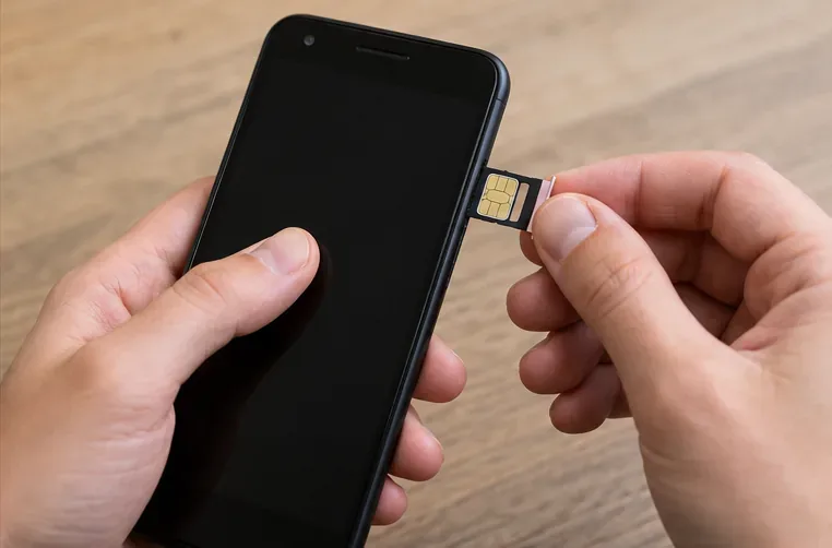 Des mains retirent la carte SIM d’un smartphone avant sa remise pour réemploi ou recyclage.