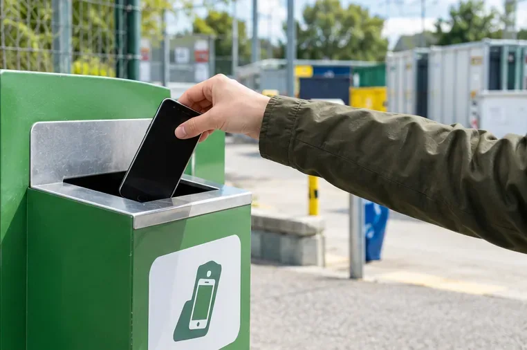 Une main dépose un smartphone dans une borne dédiée à la collecte d’appareils électroniques sur un site de recyclage.