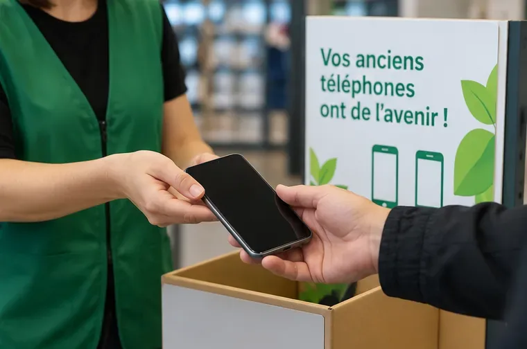 Un smartphone encore intact est remis à un point de collecte destiné au don ou au réemploi des téléphones.