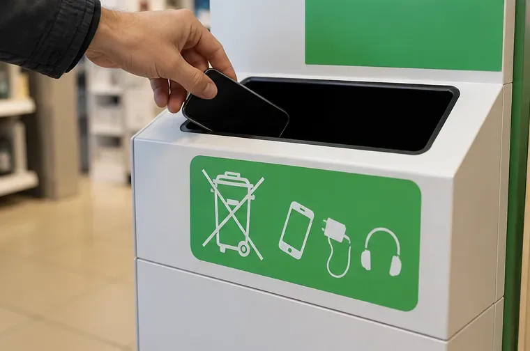 Une main dépose un smartphone dans un bac de collecte pour petits appareils électriques et électroniques en magasin.