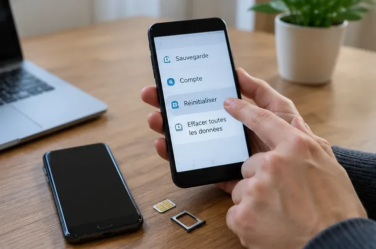 Une personne prépare un ancien smartphone avant recyclage, avec l’écran de réinitialisation affiché et une carte SIM retirée.
