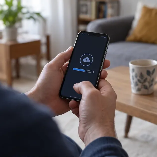 Une personne consulte l’écran d’un smartphone affichant un symbole de sauvegarde avant son effacement