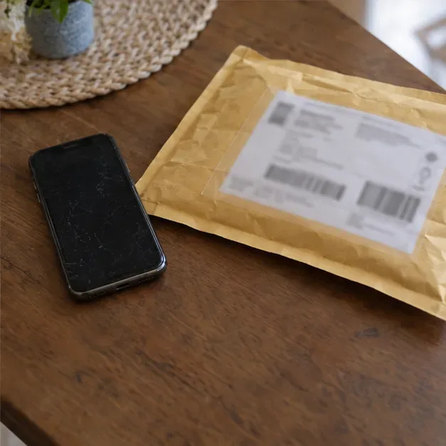 Un smartphone usagé posé près d’une enveloppe de retour préaffranchie avec une étiquette d’expédition