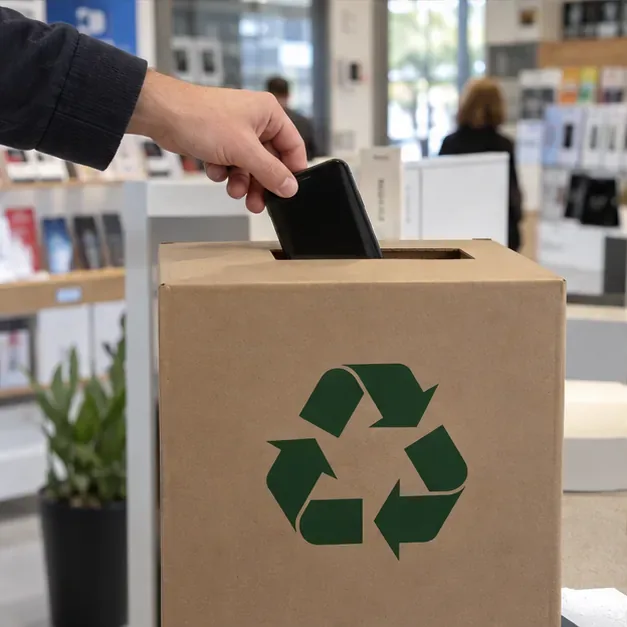Une main dépose un smartphone dans une boîte de collecte pour appareils électroniques dans un magasin