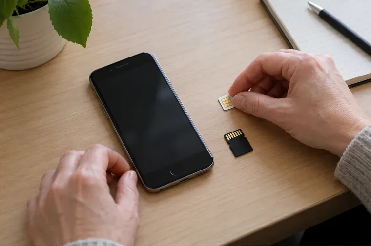 Un smartphone posé près d’une carte SIM et d’une carte mémoire retirées avant sa remise à un nouveau propriétaire.