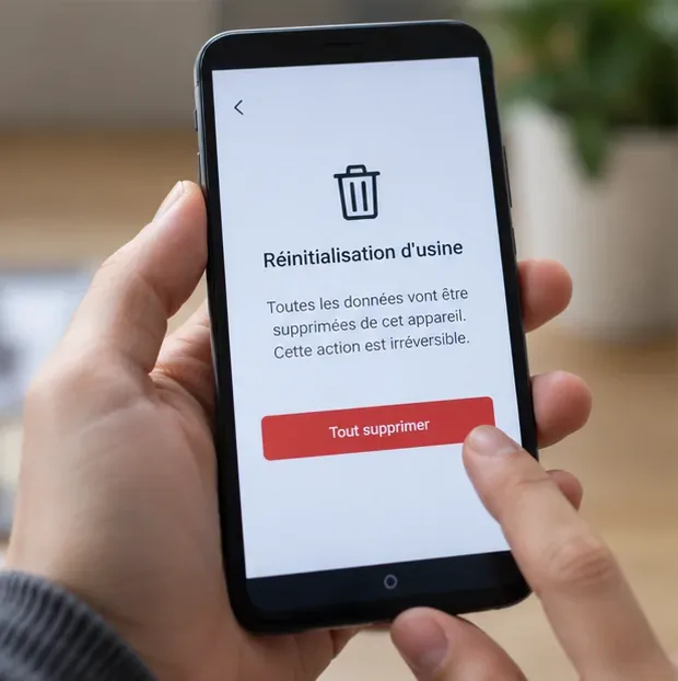 Un smartphone affiche un écran de confirmation de réinitialisation avant effacement des données