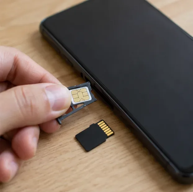 Une main retire le tiroir de carte SIM d’un smartphone, avec une carte mémoire posée à côté