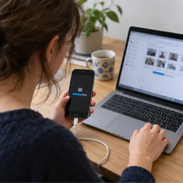 Une personne sauvegarde les fichiers d’un ancien smartphone sur un ordinateur portable avant de s’en séparer