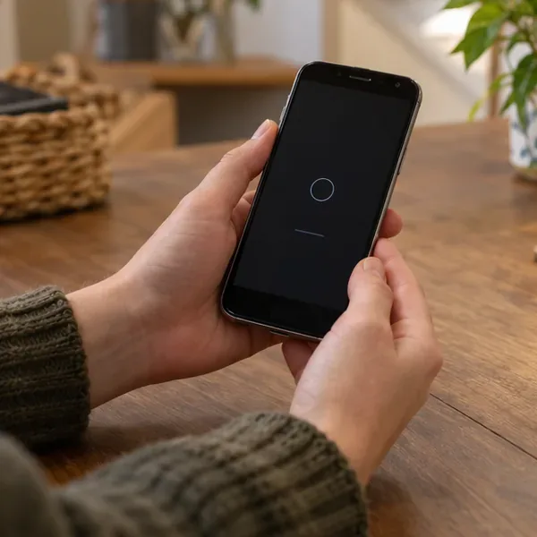 Une personne tient un smartphone éteint après sa réinitialisation et avant son dépôt