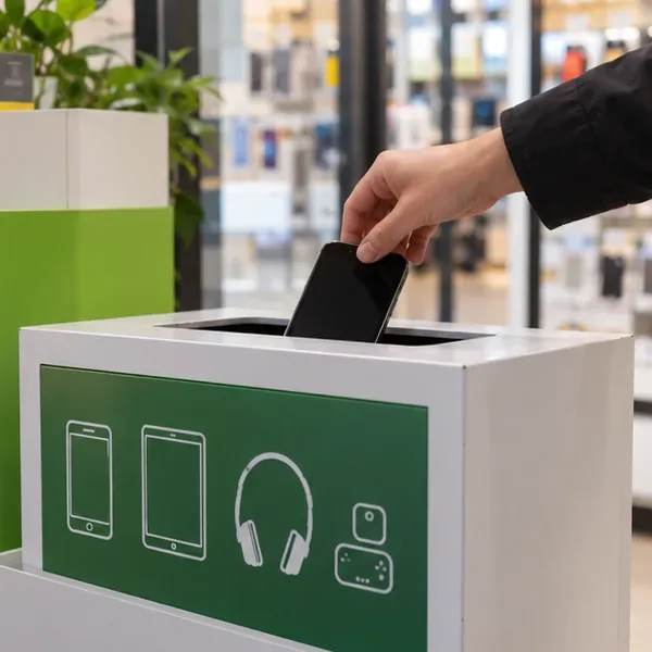 Une main dépose un ancien smartphone dans un conteneur de collecte pour petits appareils électroniques