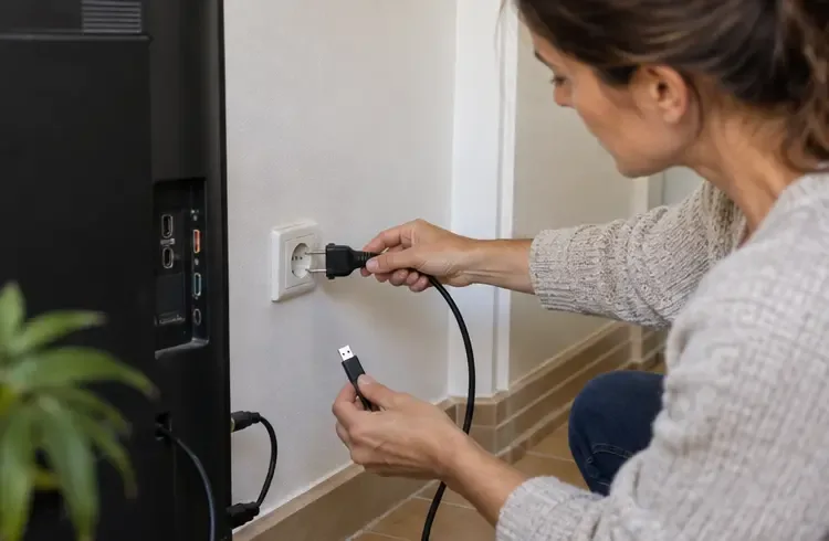 Une femme débranche un téléviseur du mur et retire une clé USB avant son transport