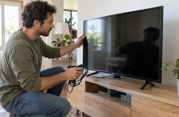 Un homme examine un téléviseur posé sur un meuble et tient ses câbles avant de décider de sa destination