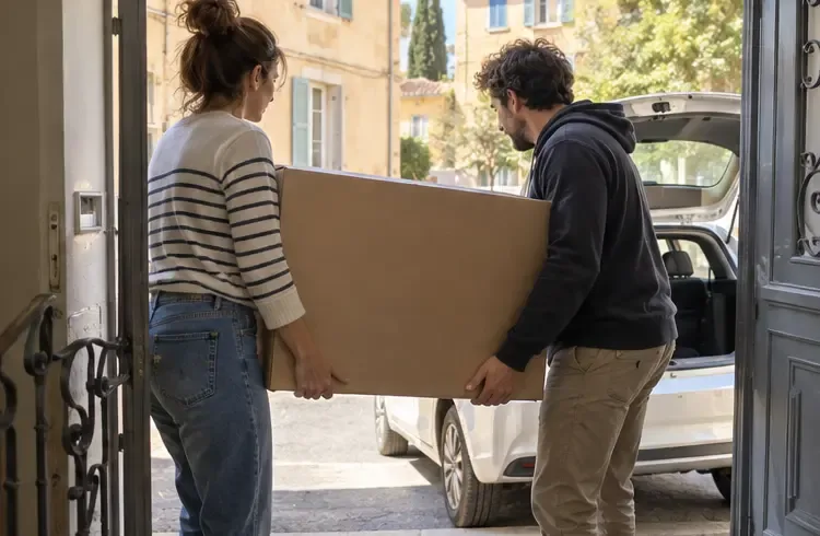 Deux personnes portent un carton contenant un téléviseur vers le coffre ouvert d’une voiture