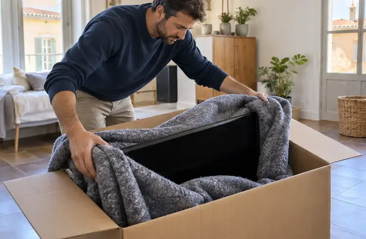 Un homme protège un téléviseur avec une couverture dans un carton ouvert