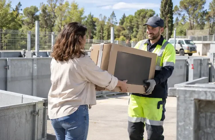 Une habitante remet un carton contenant un téléviseur à un agent dans une déchèterie clôturée