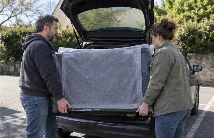 Deux adultes portent ensemble un grand téléviseur à écran plat protégé vers le coffre ouvert d’une voiture.