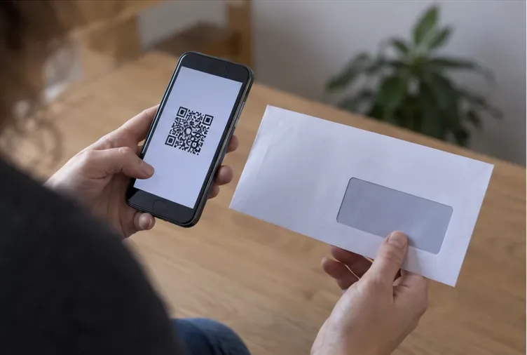 Une personne tient un téléphone affichant un motif de code et une enveloppe avant de se rendre en déchèterie.
