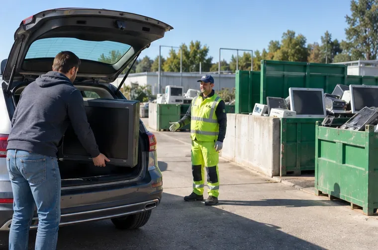 Un particulier sort un vieux téléviseur du coffre de sa voiture devant une zone de collecte d’équipements électriques
