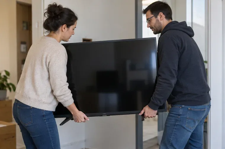 Deux personnes portent ensemble un grand téléviseur à écran plat dans une habitation