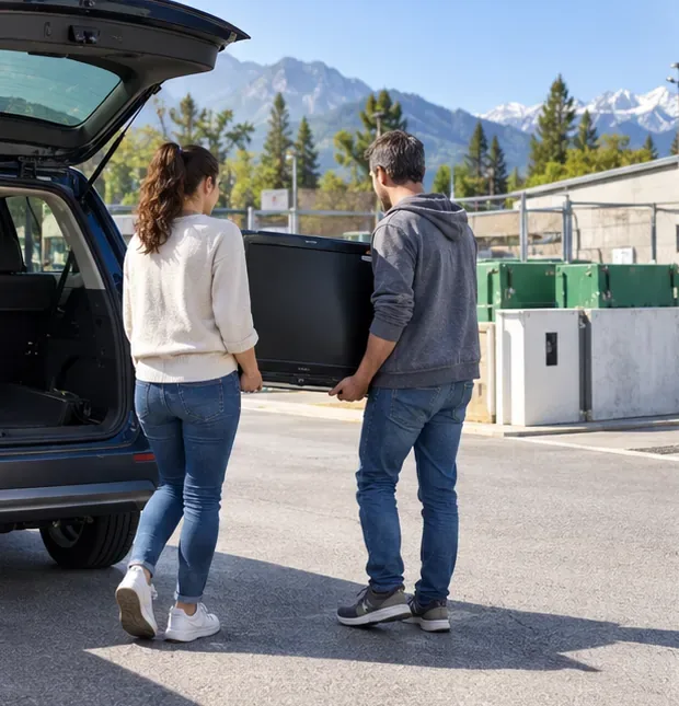 Deux particuliers transportent un téléviseur depuis leur voiture vers une zone de dépôt en déchèterie dans un environnement alpin