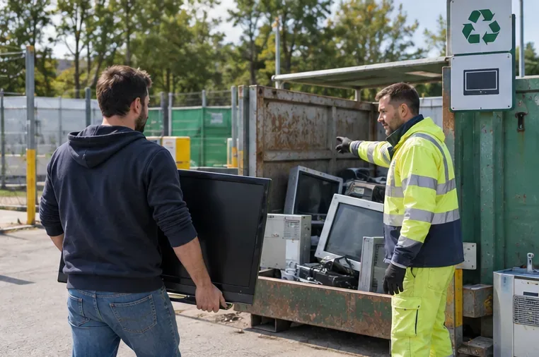 Un usager porte un téléviseur vers une zone dédiée aux écrans pendant qu’un agent du centre de recyclage lui indique où aller.